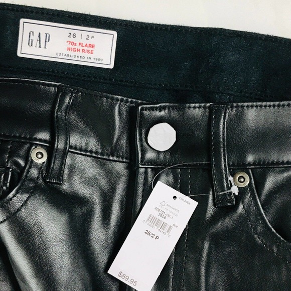 Gap Women's 26/2P Pants Black Solid Faux-Leather 70s Flare High Rise NWT G3 - Picture 2 of 4